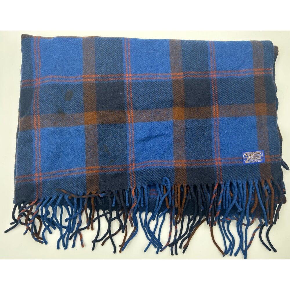 Vintage Pendleton Wool Fringe Tartan Plaid Blue 62x50 Blanket Flawed